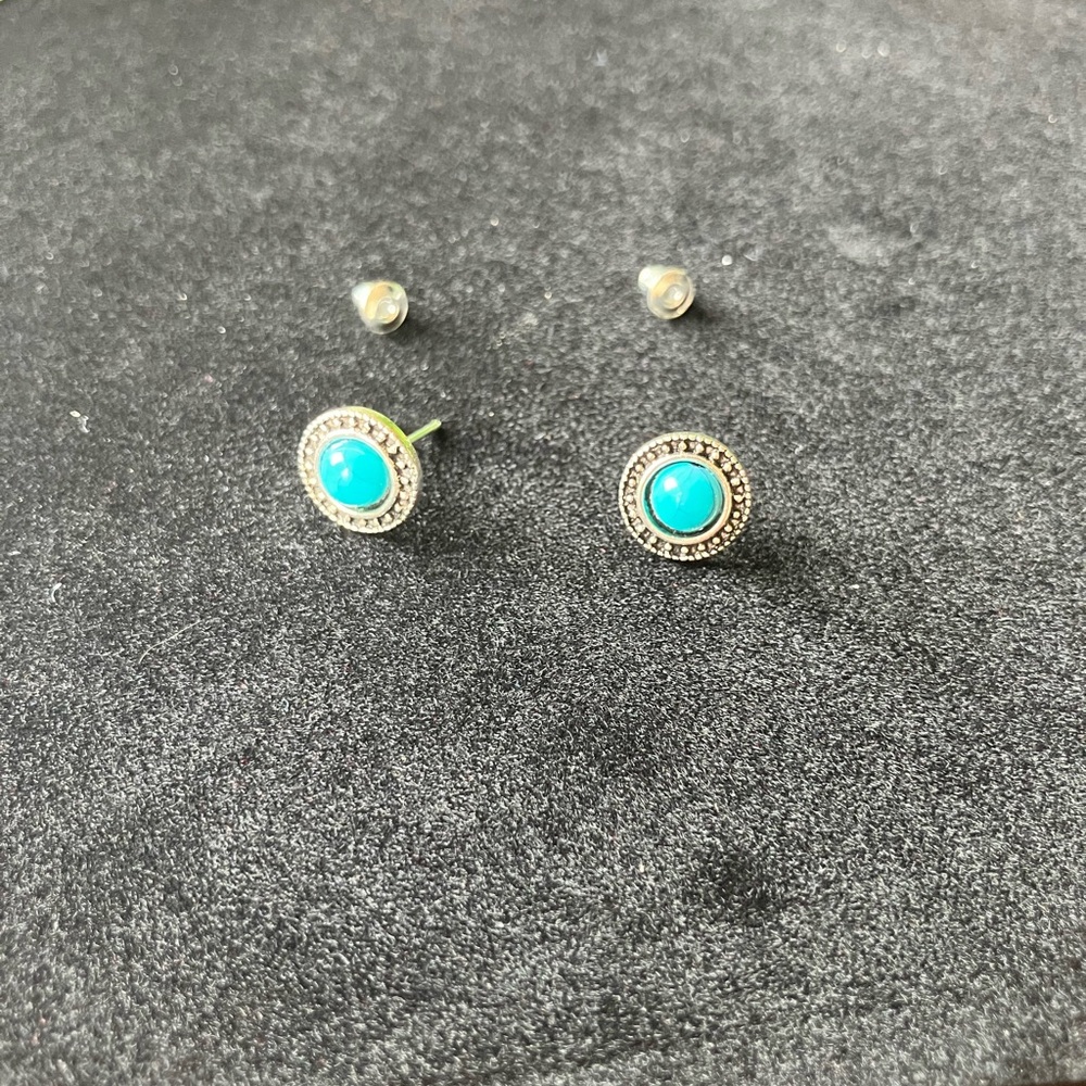 Turquoise and Silver Earrings with Ornate Design - Picture 2 of 2